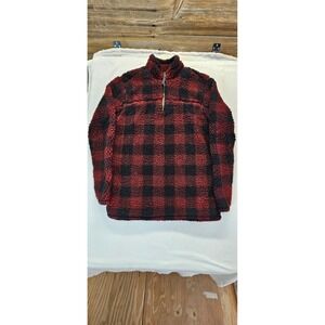 Alpine Sherpa Womens Small Red Black Buffalo Plaid Quarter Zip Fleece Pullover